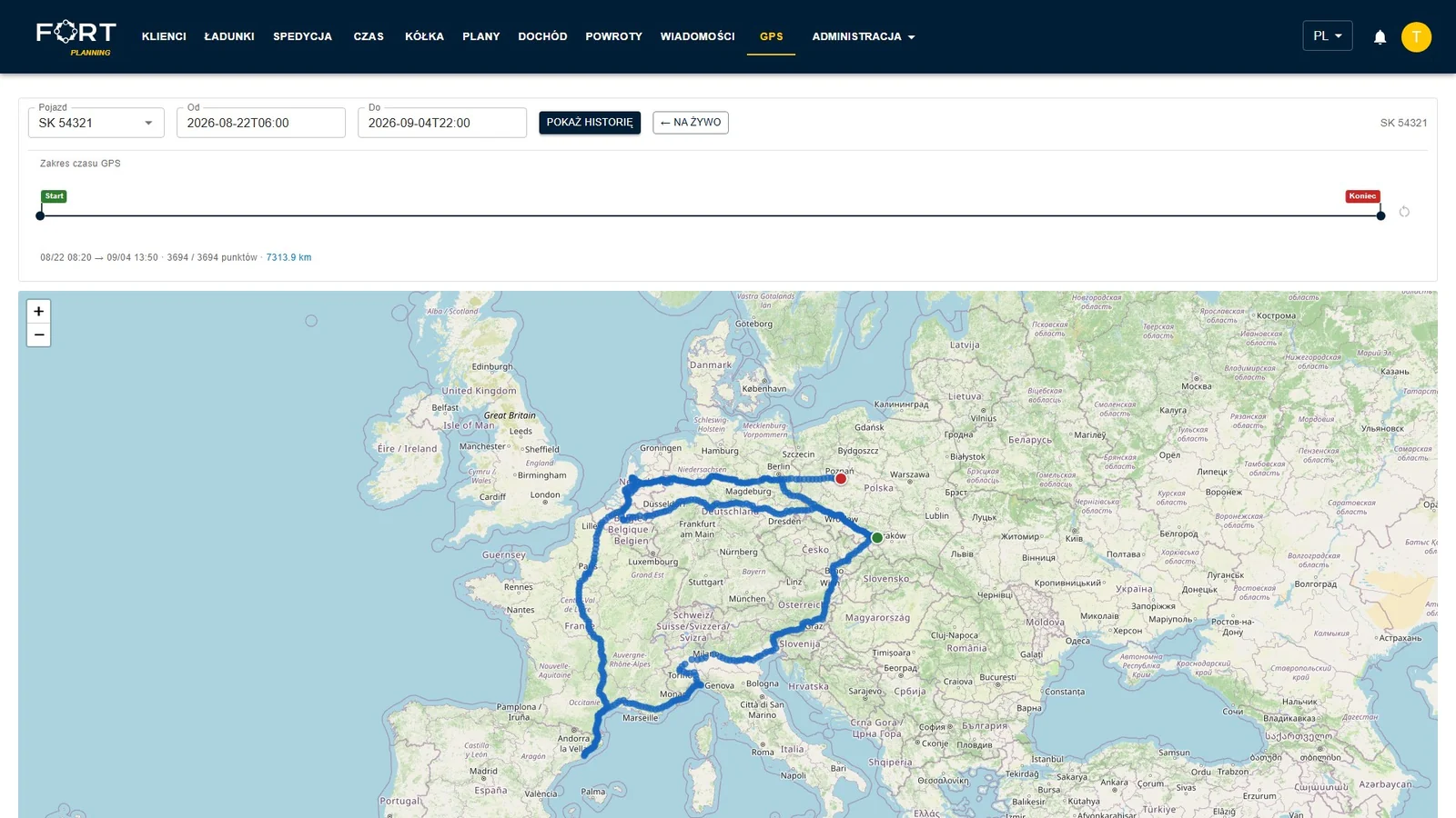 Historia GPS w FORT: tygodniowy ślad pojazdu z Francji przez Niemcy do Polski, 3721 km na suwaku.