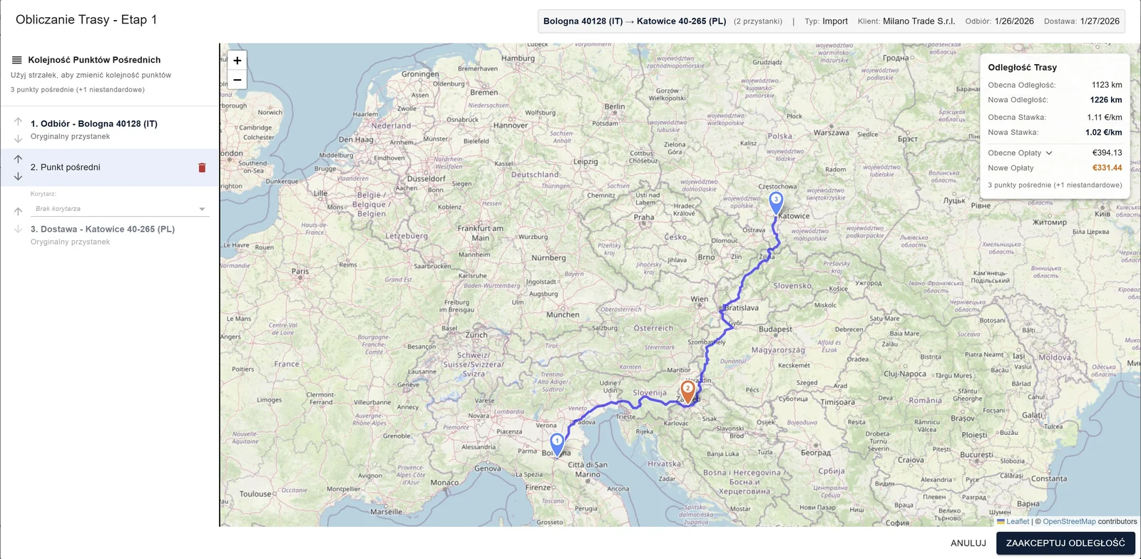 Transportation route planning on an interactive map with mileage and toll summaries.