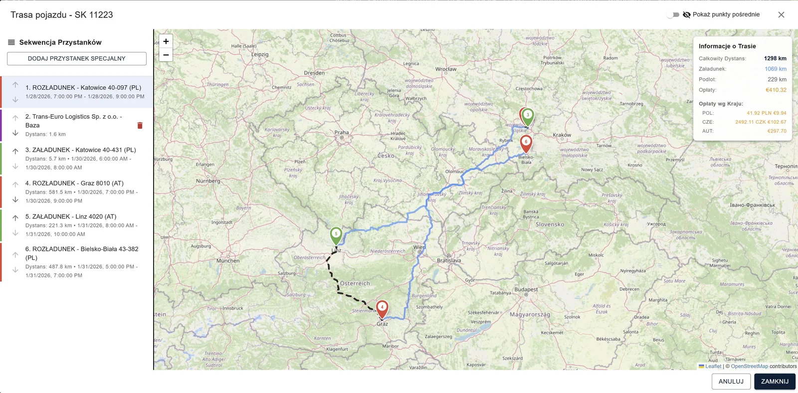 Detailed vehicle route view with sequential stop management and cargo tracking.